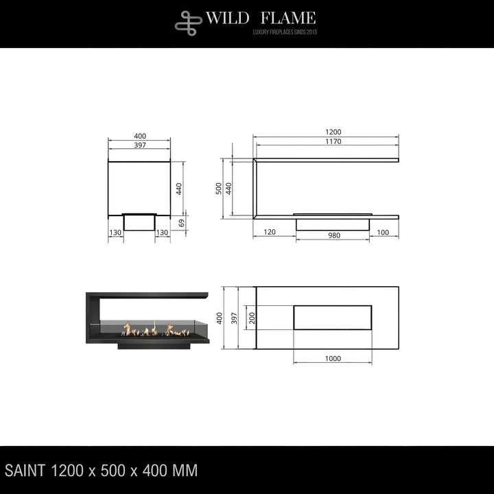 Dreiseitiger Bioethanol Einbaukamin U - SAINT 120