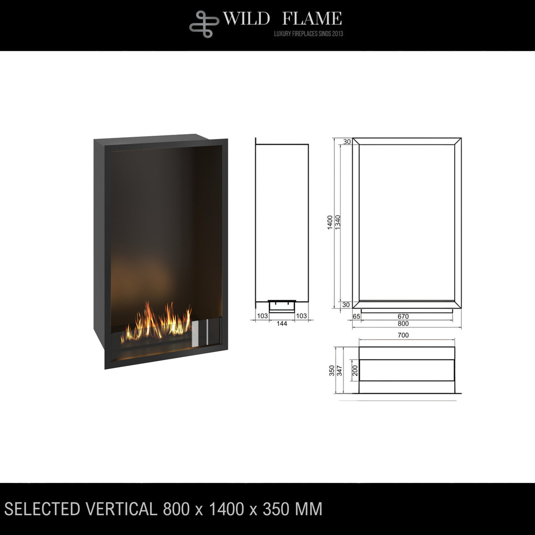 Technische Zeichnung für Bioethanol Einbau Kamin Ofen SELECTED Vertikal 80x140x35cm von Wild Flame