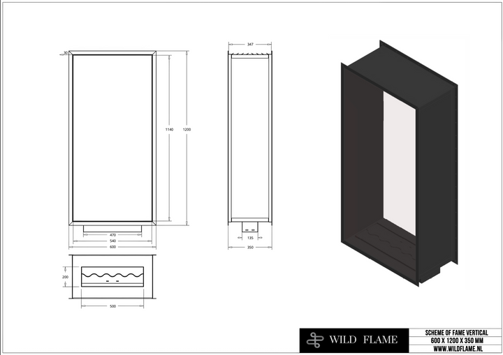 Technische Zeichnung Bioethanol Tunnelkamin Tunnelofen Vertikal für Raumteiler Zweiseitig mit Glas - FAME 60x120x35cm